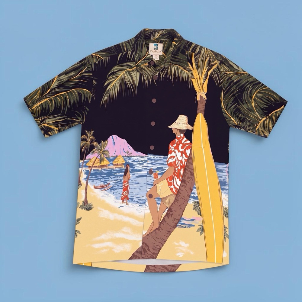VTG Kahala Hawaiian Shirt Mens M Rayon Surfer Beach Palm Tree Scenic Aloha Surf